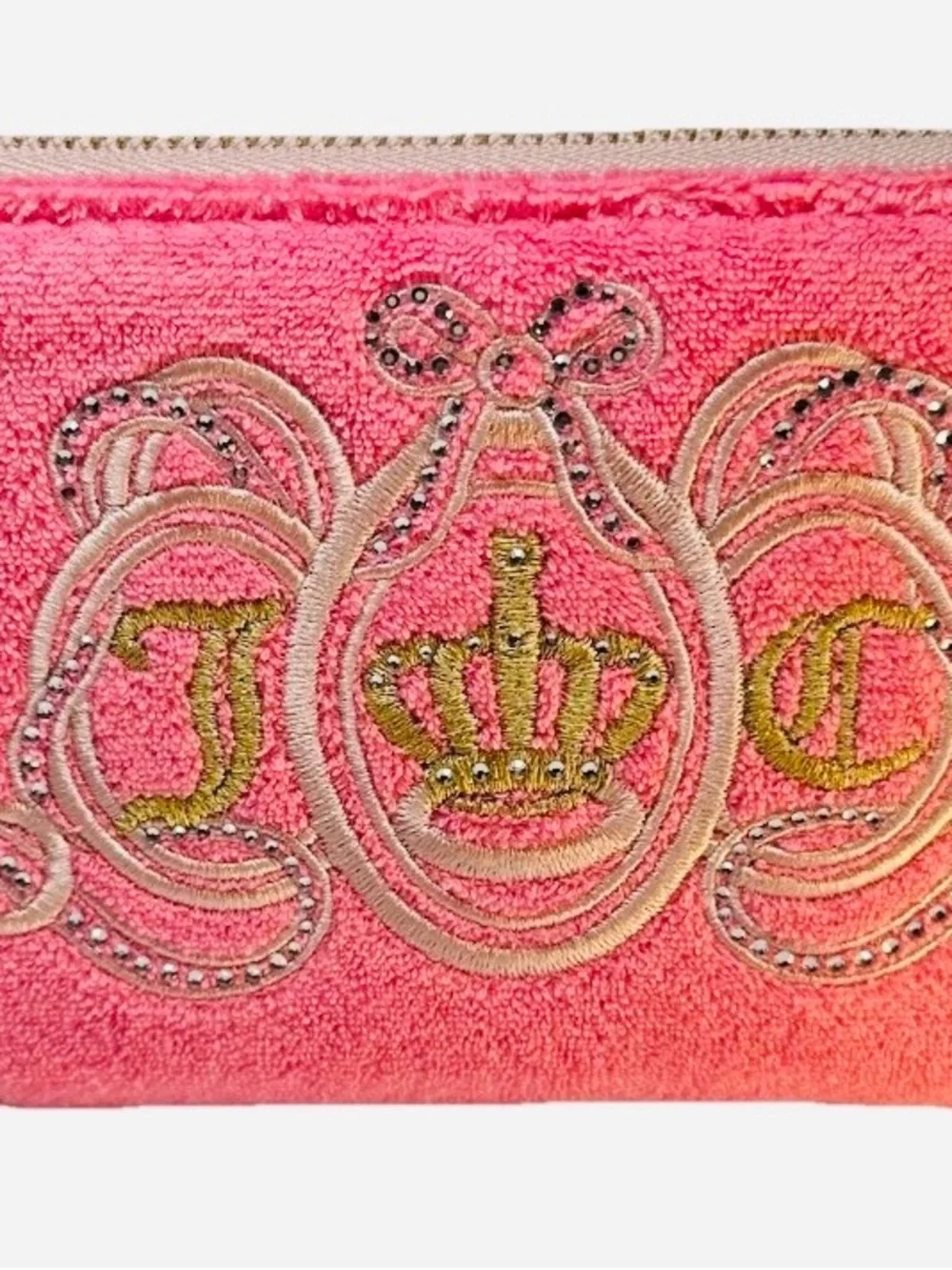 NWT Juicy Couture Pink Terry Cloth Rhinestone Crown Zip Around Long Wallet